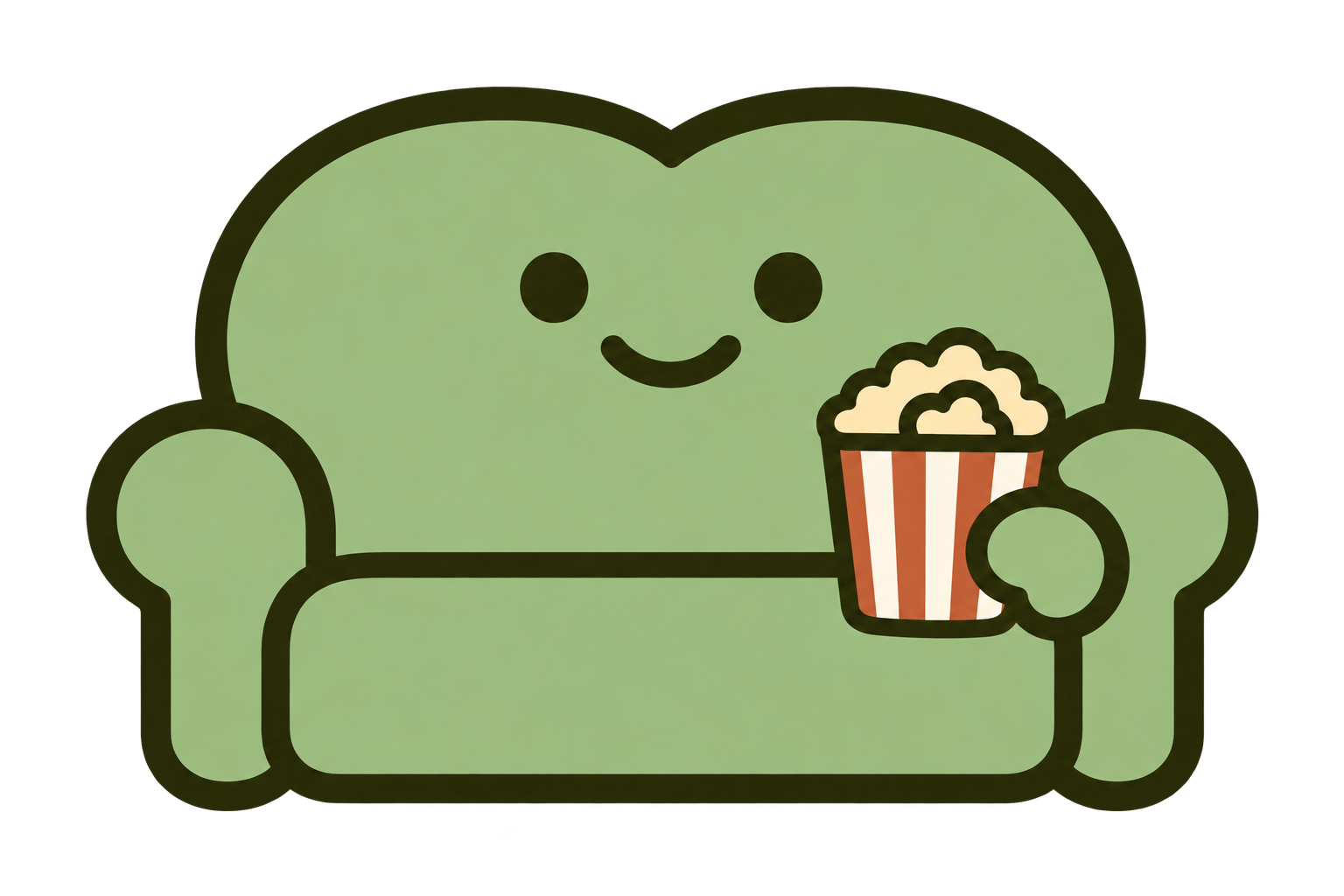 CouchKarma’s friendly green couch enjoying a tub of popcorn