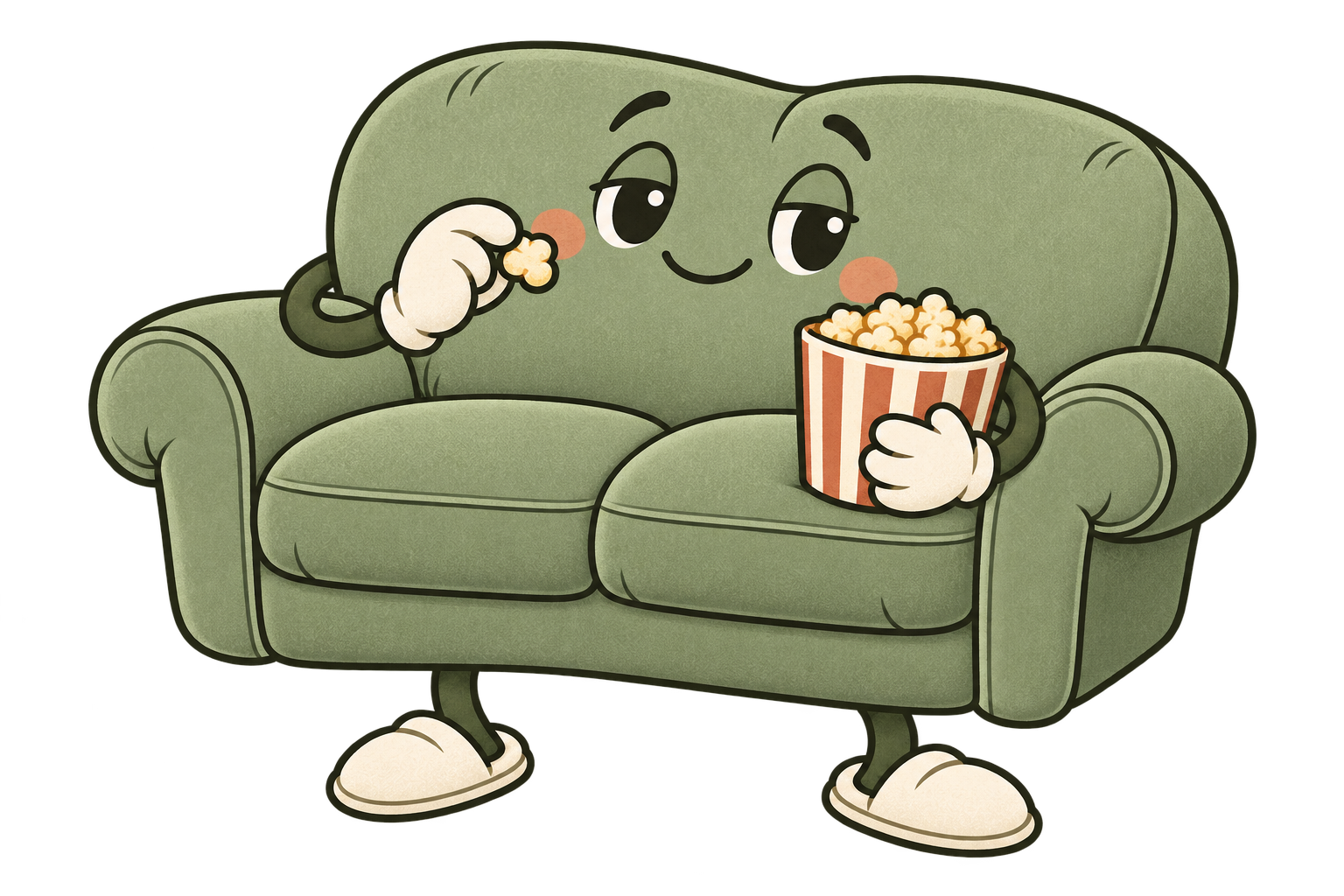 CouchKarma’s friendly green couch enjoying a tub of popcorn